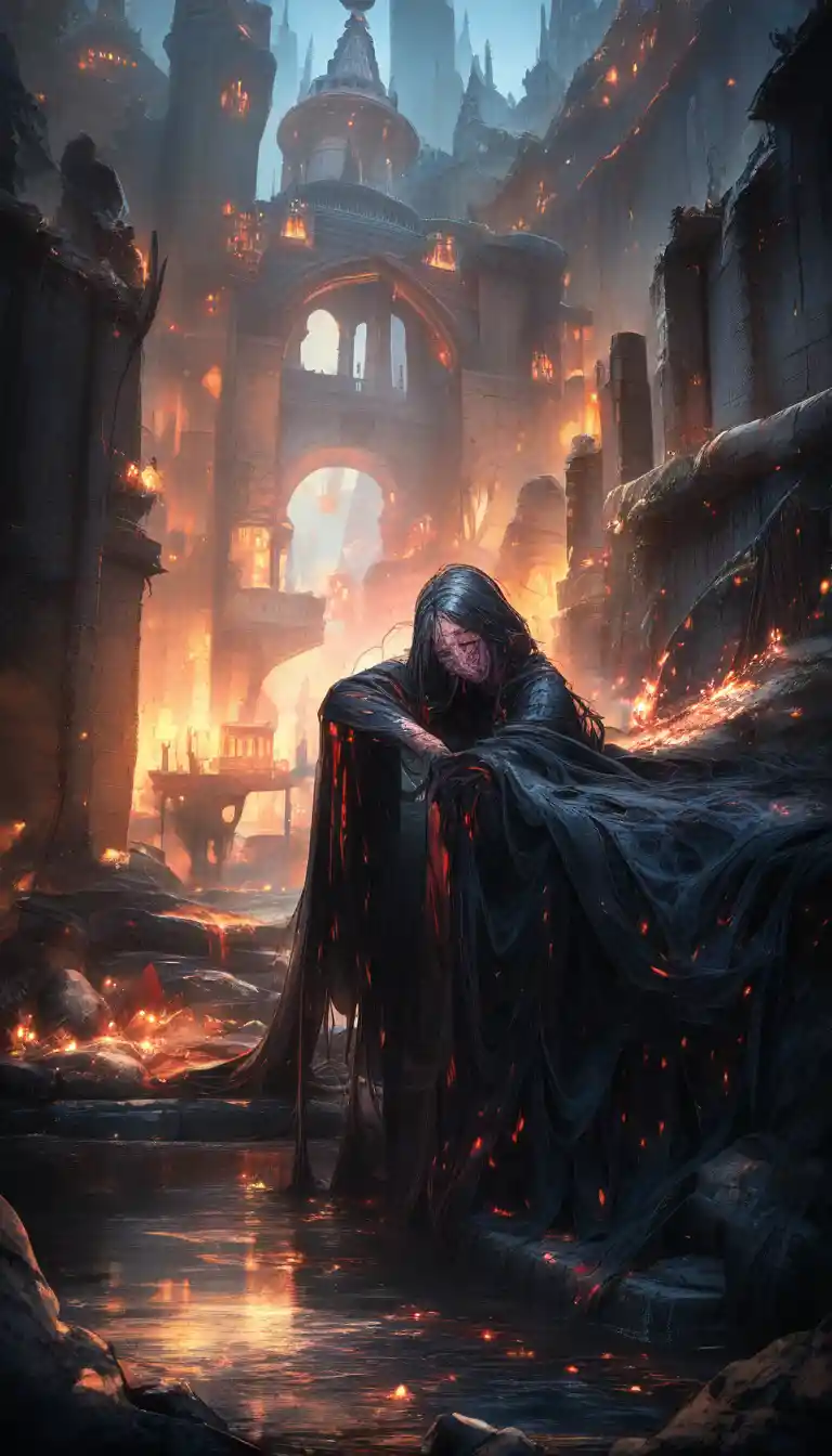 Scarred warrior woman in a dark medieval palace corridor