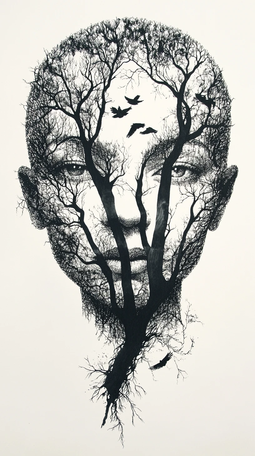 Human silhouette built from branching trees and birds