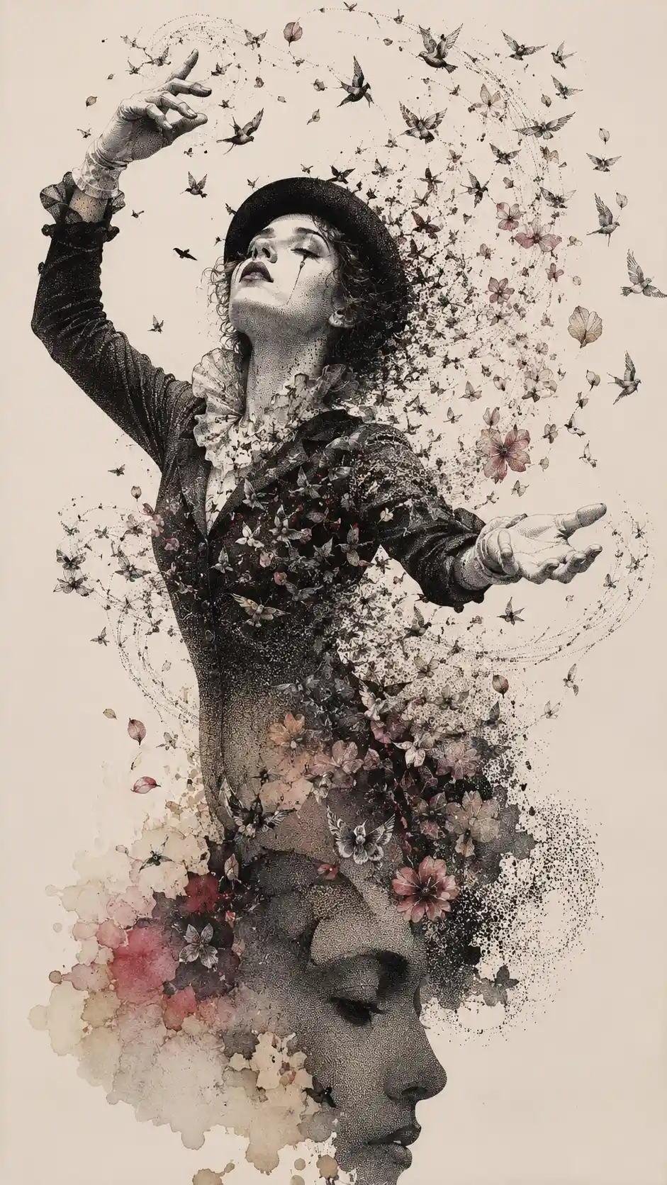 Surreal portrait of a woman conducting invisible musical birds