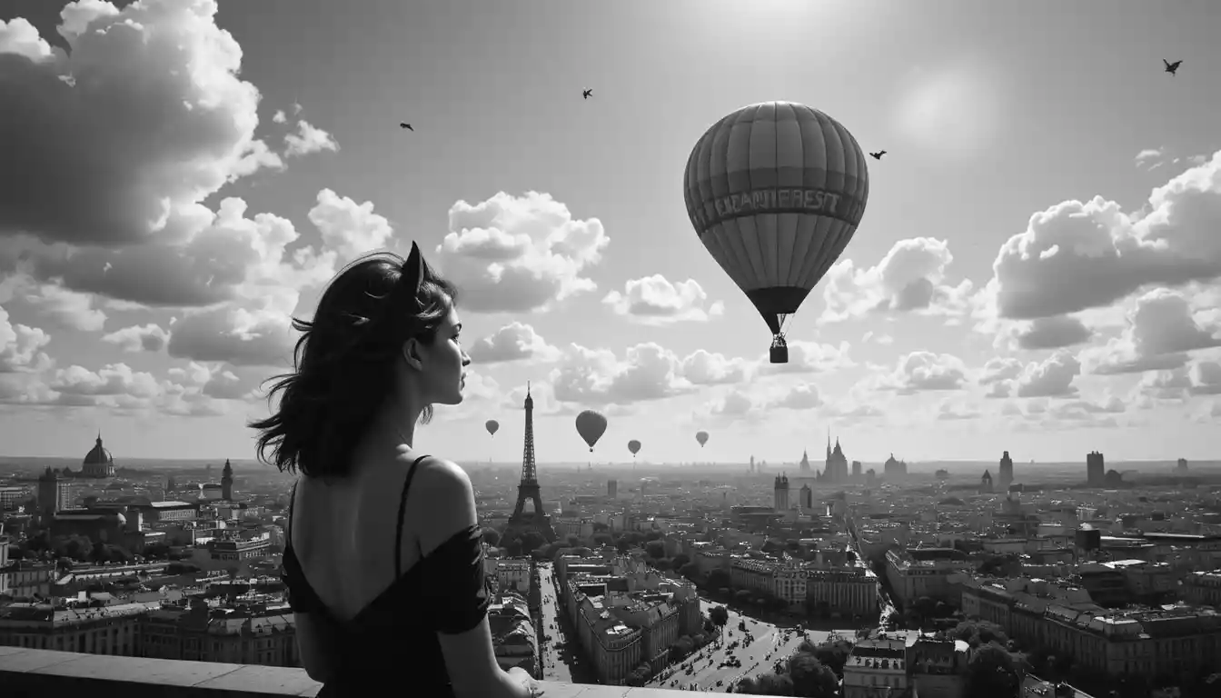 Close up woman watching a hot air balloon over Paris