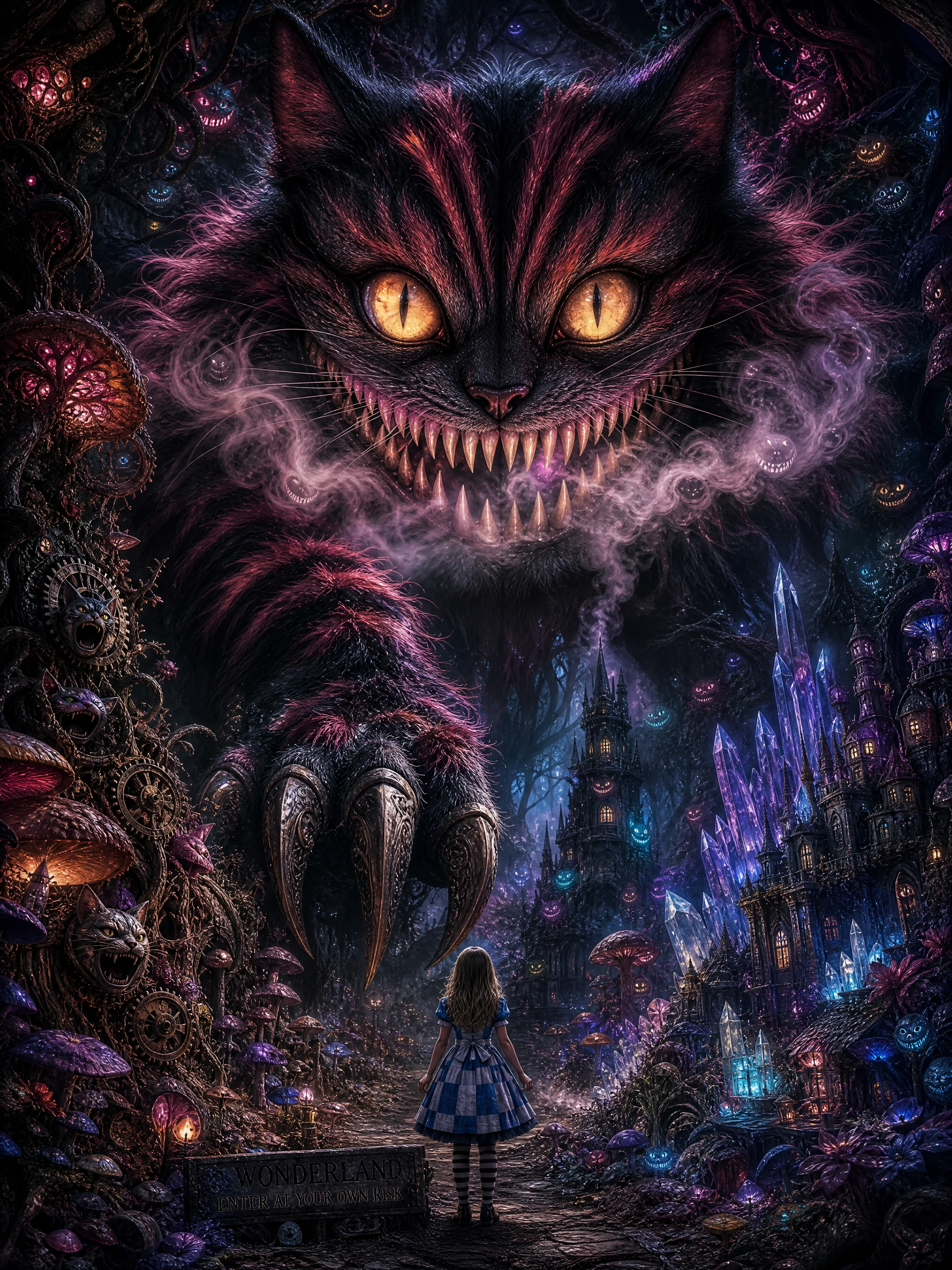 Gigantic Cheshire Cat Looming Above A Forest Path