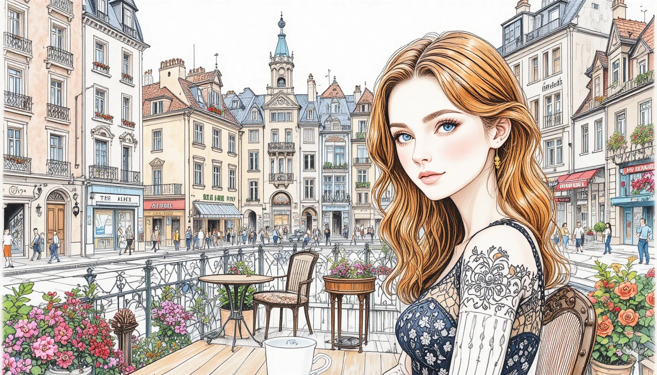 Kawaii ink portrait of a girl at a street cafe terrace