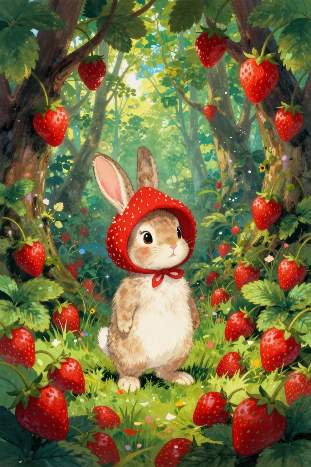 Playful rabbit in strawberry hat in a bright forest