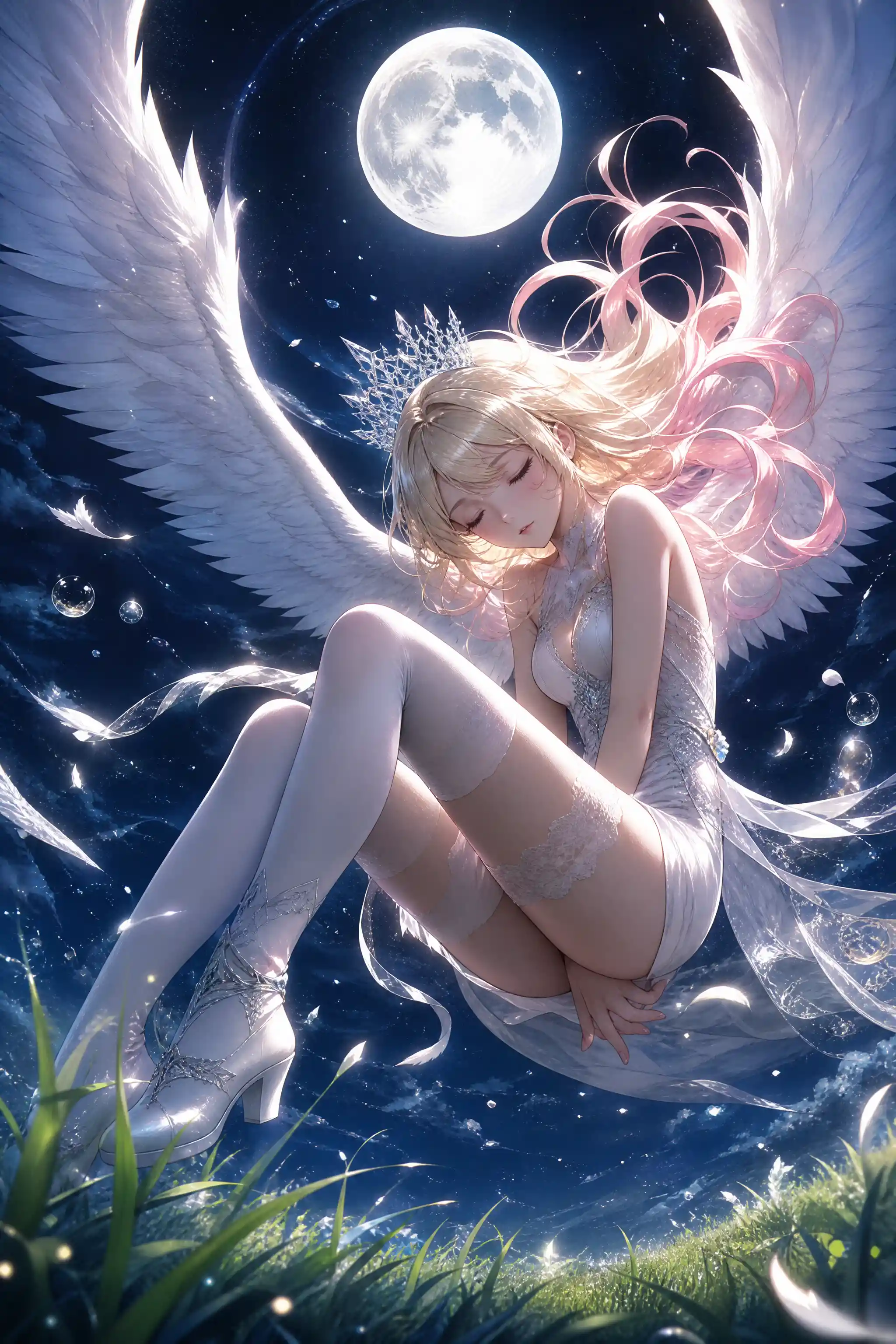 Angelic girl floating under a glowing full moon