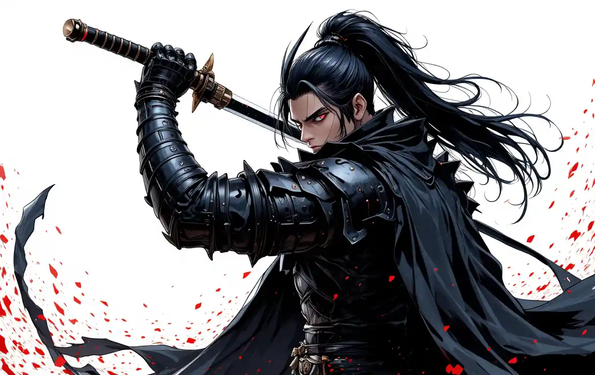 Anime swordsman in dark armor swinging his black blade