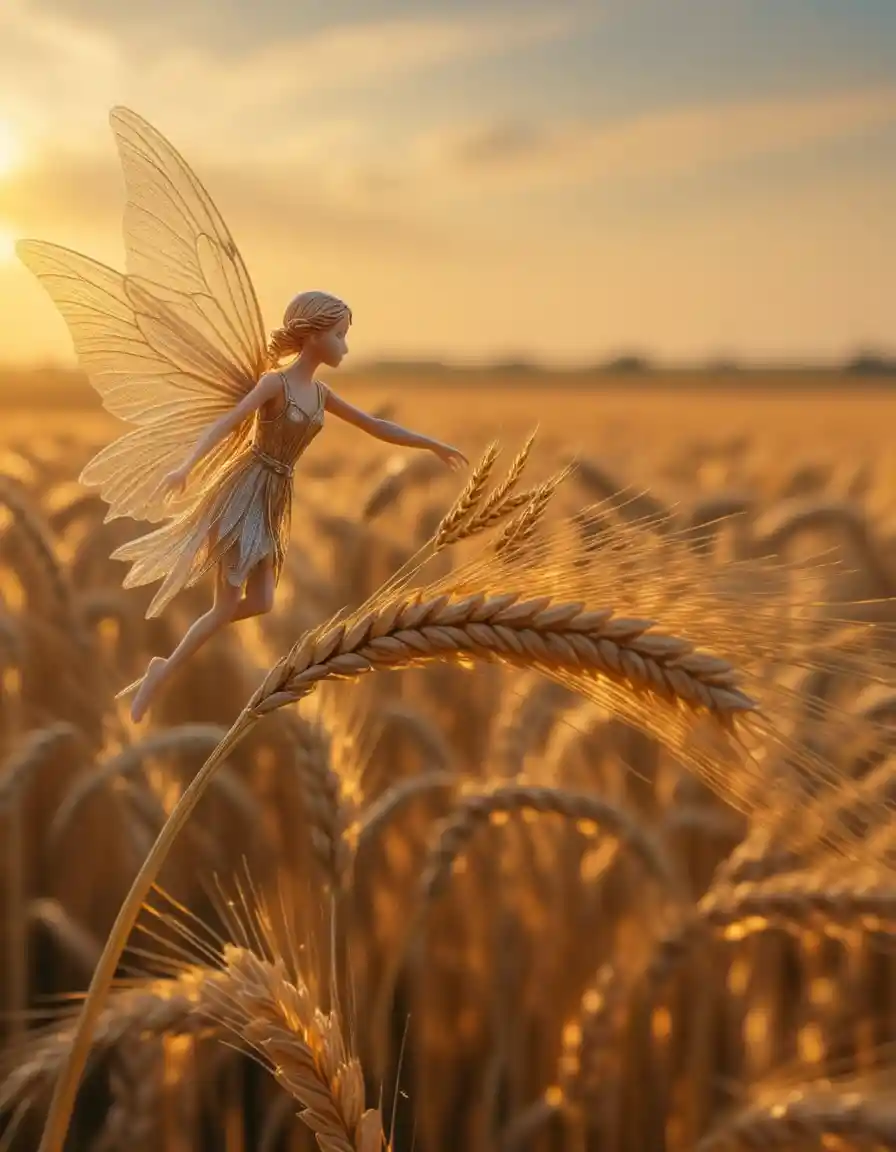 Tiny fairy hovering above golden wheat at sunset