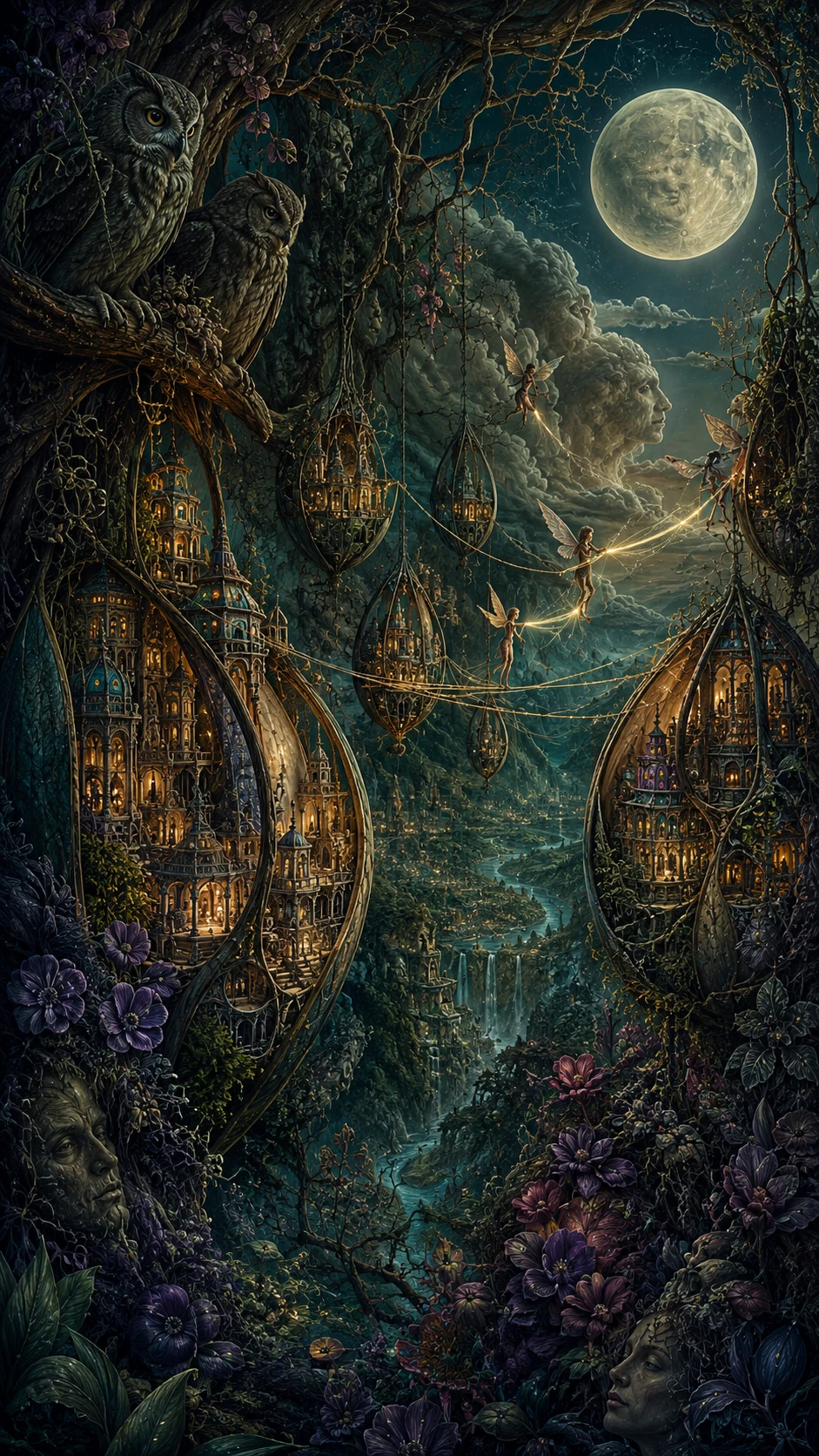 Fairy civilization within giant seed pods beneath moonlit roots