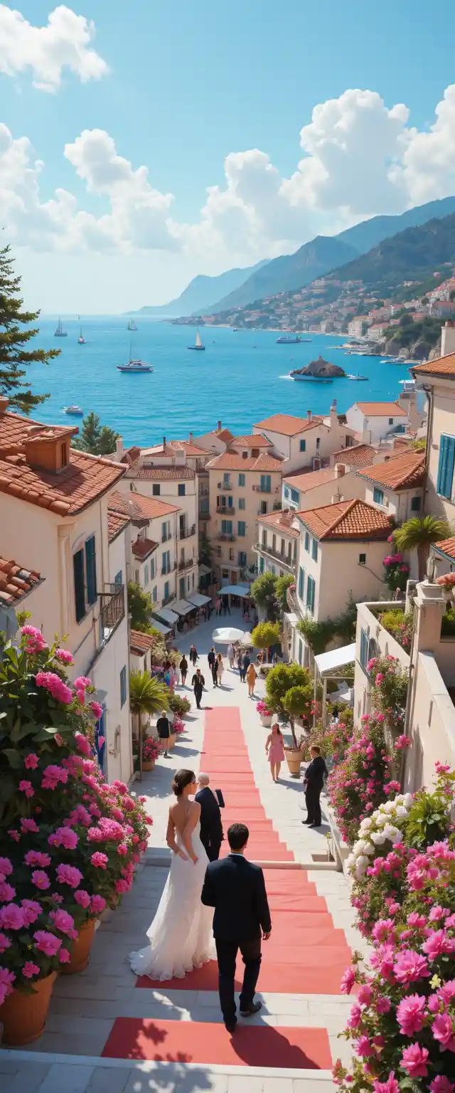 Whimsical summer claymation view of a cozy coastal village