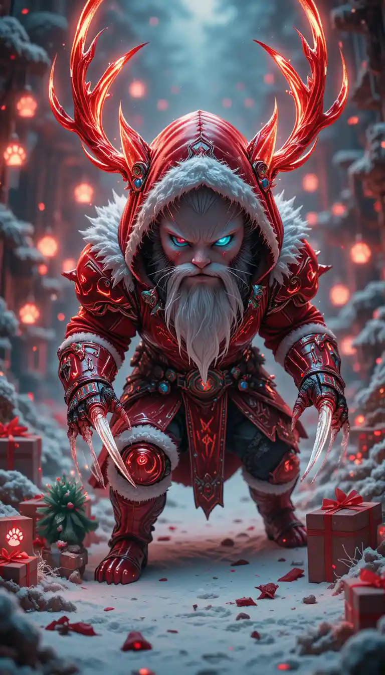 Crystal tabby cat warrior in red hood with glowing runes