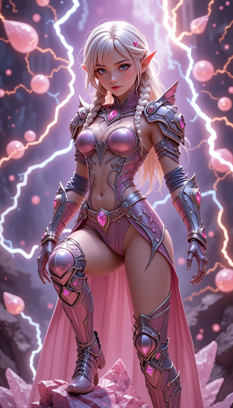 Elf warrior woman in pink crystal lightning storm