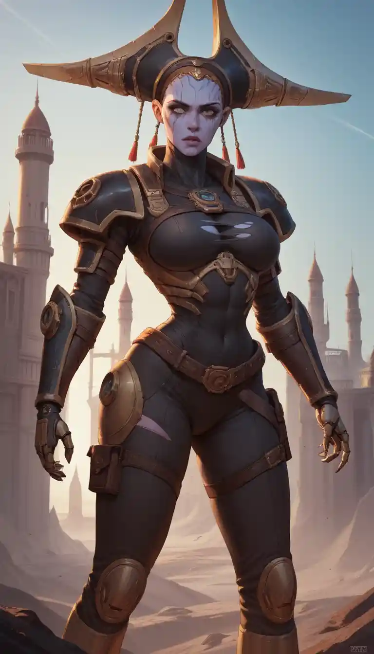 Scarred woman in torn black armor in dim palace interior