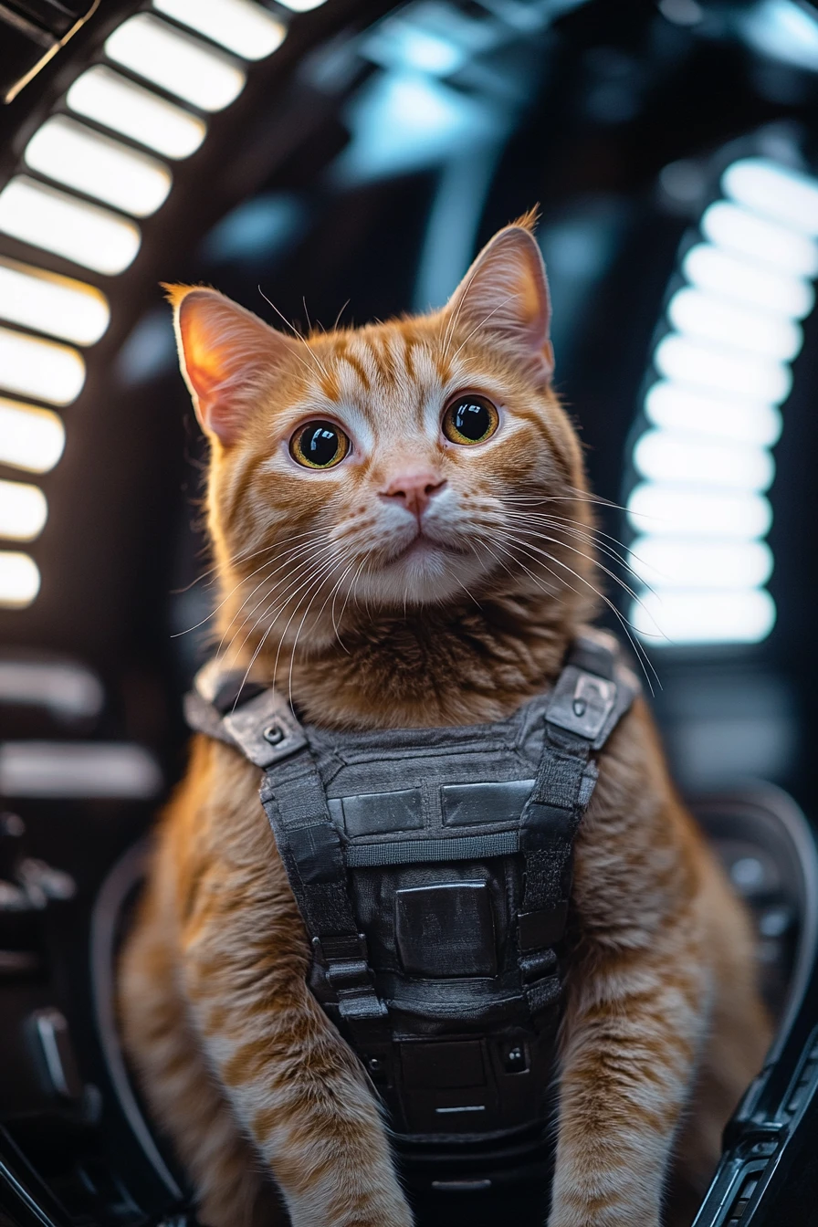 Orange tabby cat drifting weightless inside a spaceship