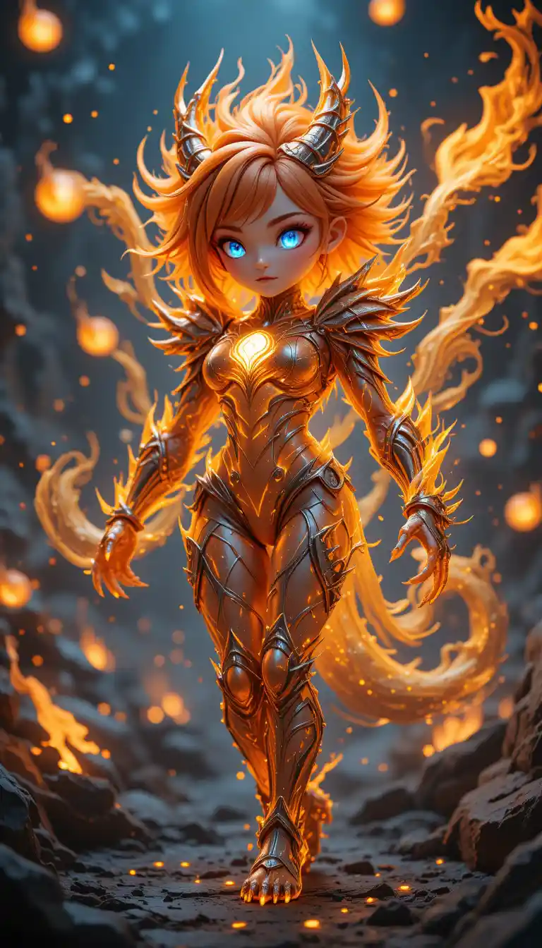 Fiery armored warrior queen in glowing orange aura