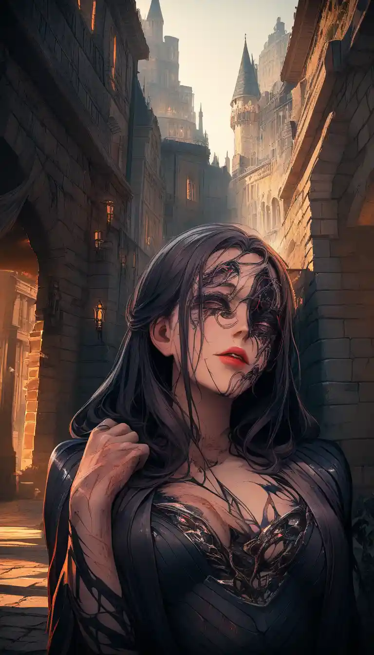 Scarred warrior woman in black armor within medieval ruins