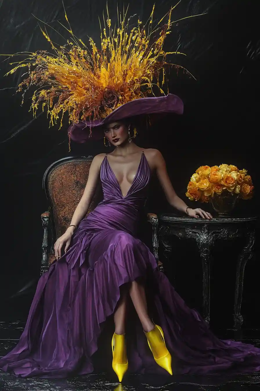 Elegant woman in violet gown seated against black background