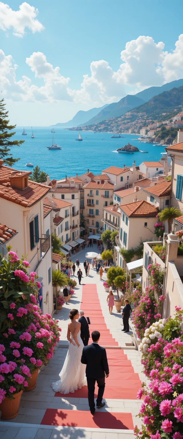 Whimsical summer claymation view of a cozy coastal village