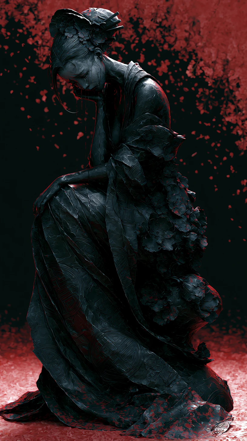 Sculpture d’une femme endeuillée sur fond de fleurs noires et cramoisies