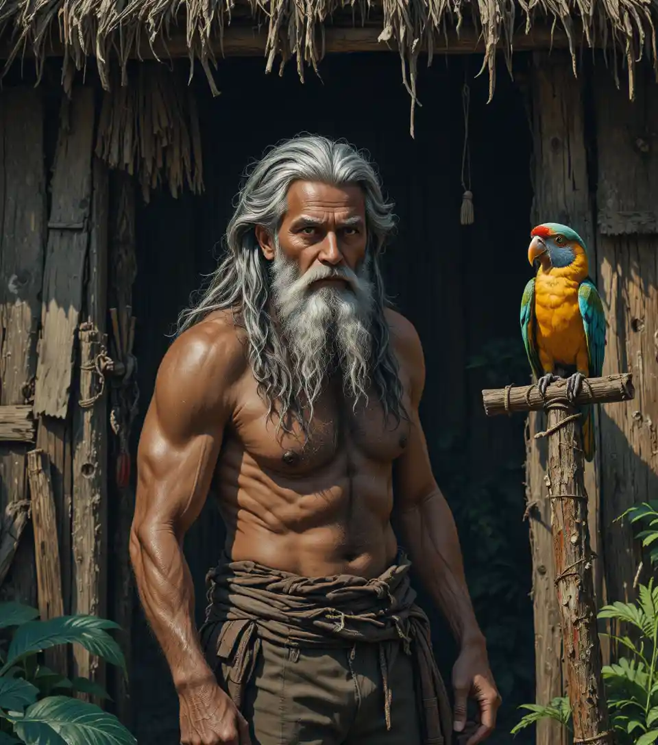Aged pirate outside hut in shadowed coconut grove