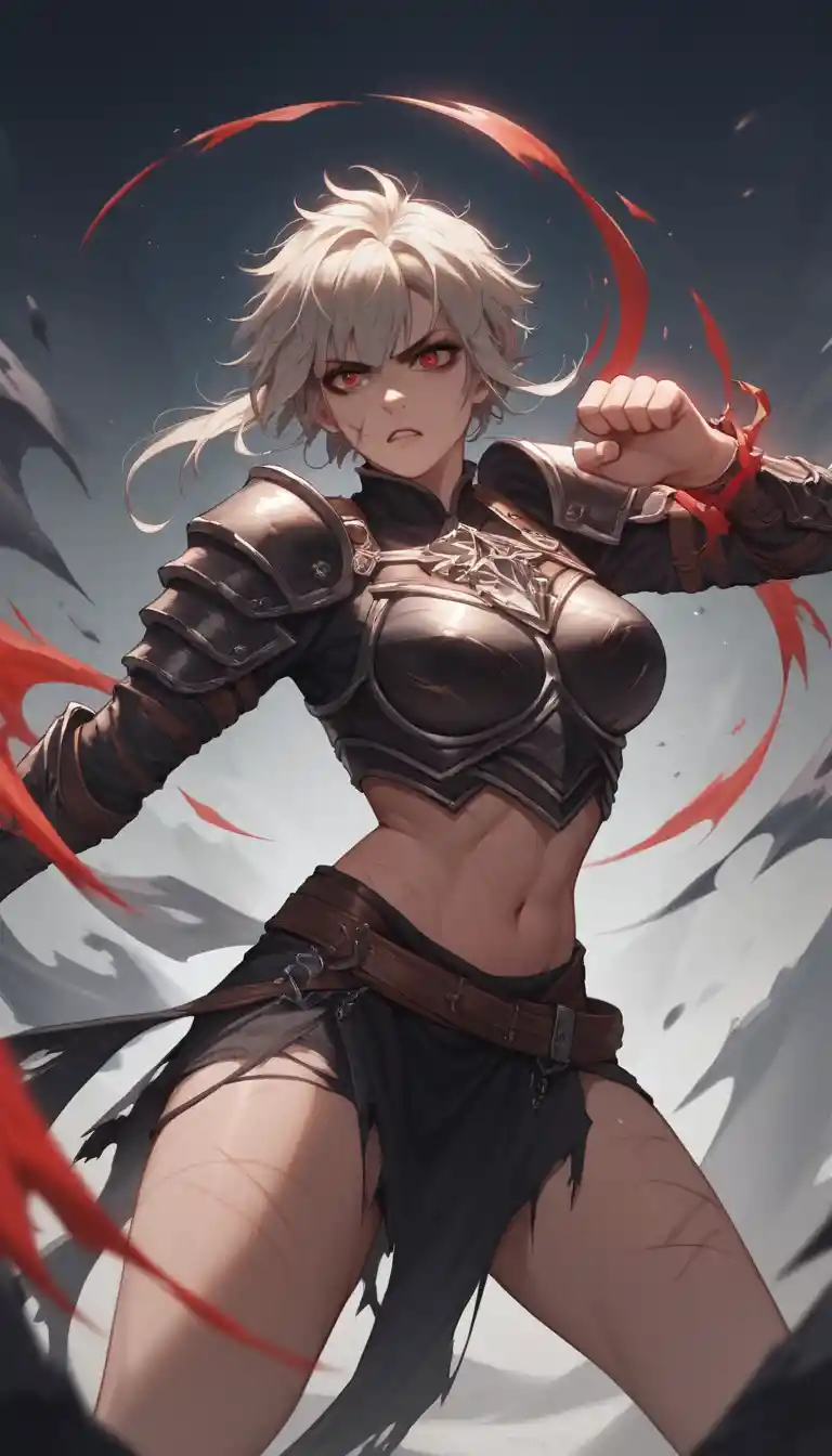 Scarred warrior woman fighting in a dim medieval palace