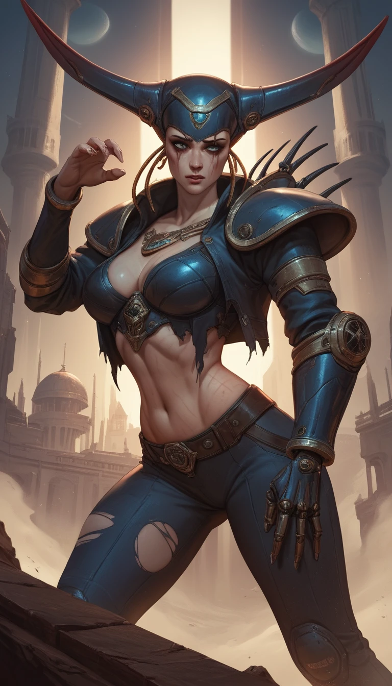 Scarred woman in torn black armor in dim palace interior