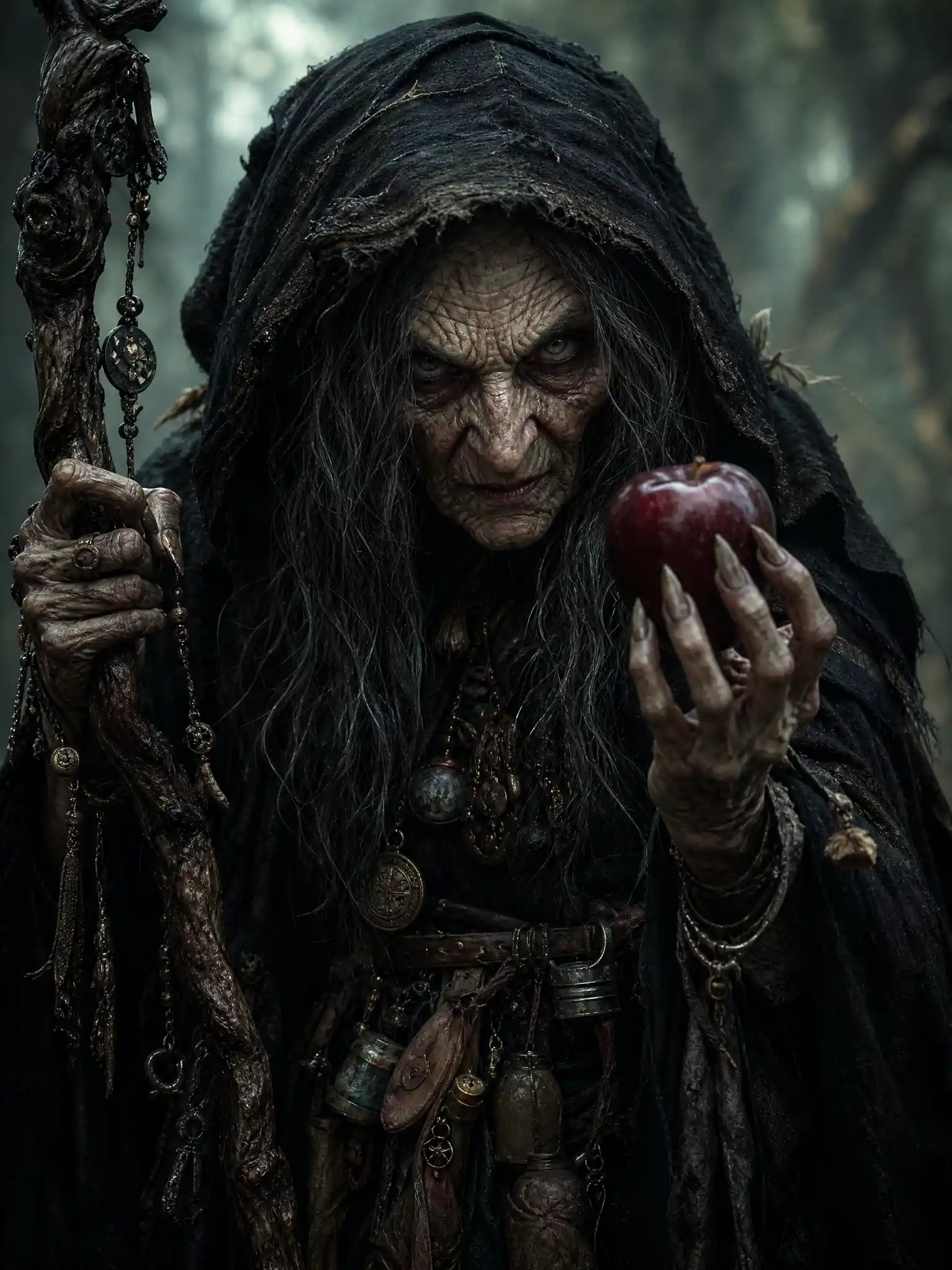 Ancient witch with poisoned apple in a dark misty forest