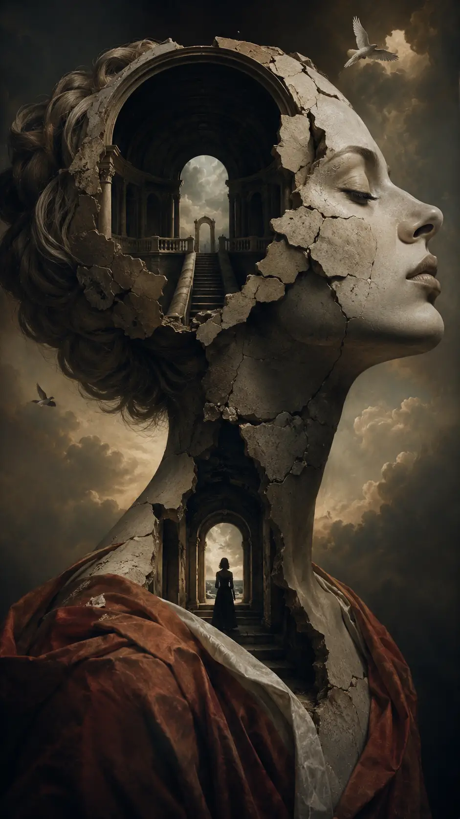 Surreal ink drawing with symbolic forms and dramatic light
