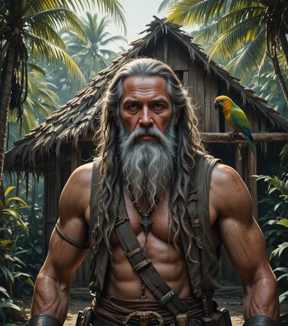 Old pirate before hut in sunlit tropical grove