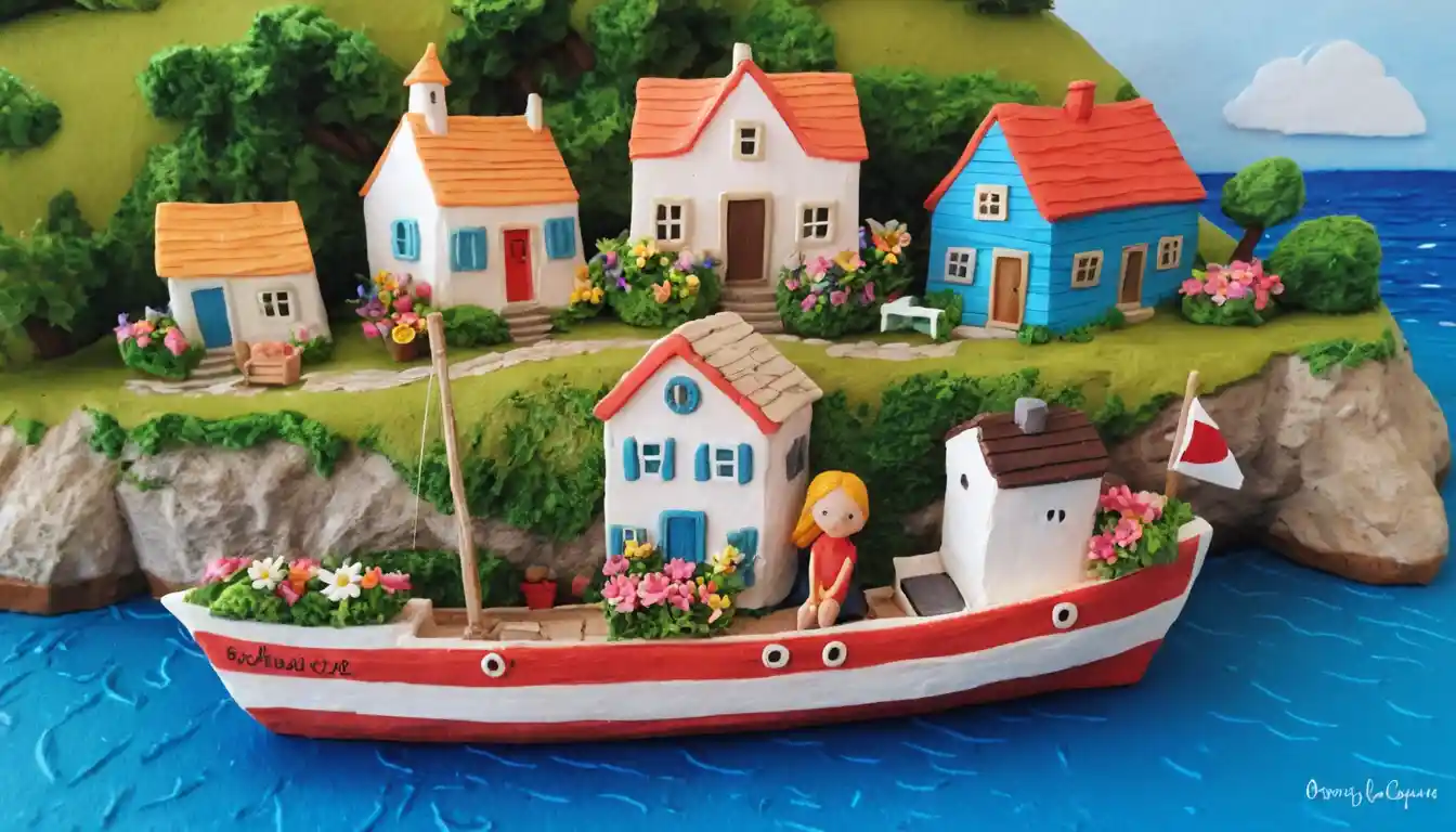 Whimsical summer coastal village with flowers by the ocean