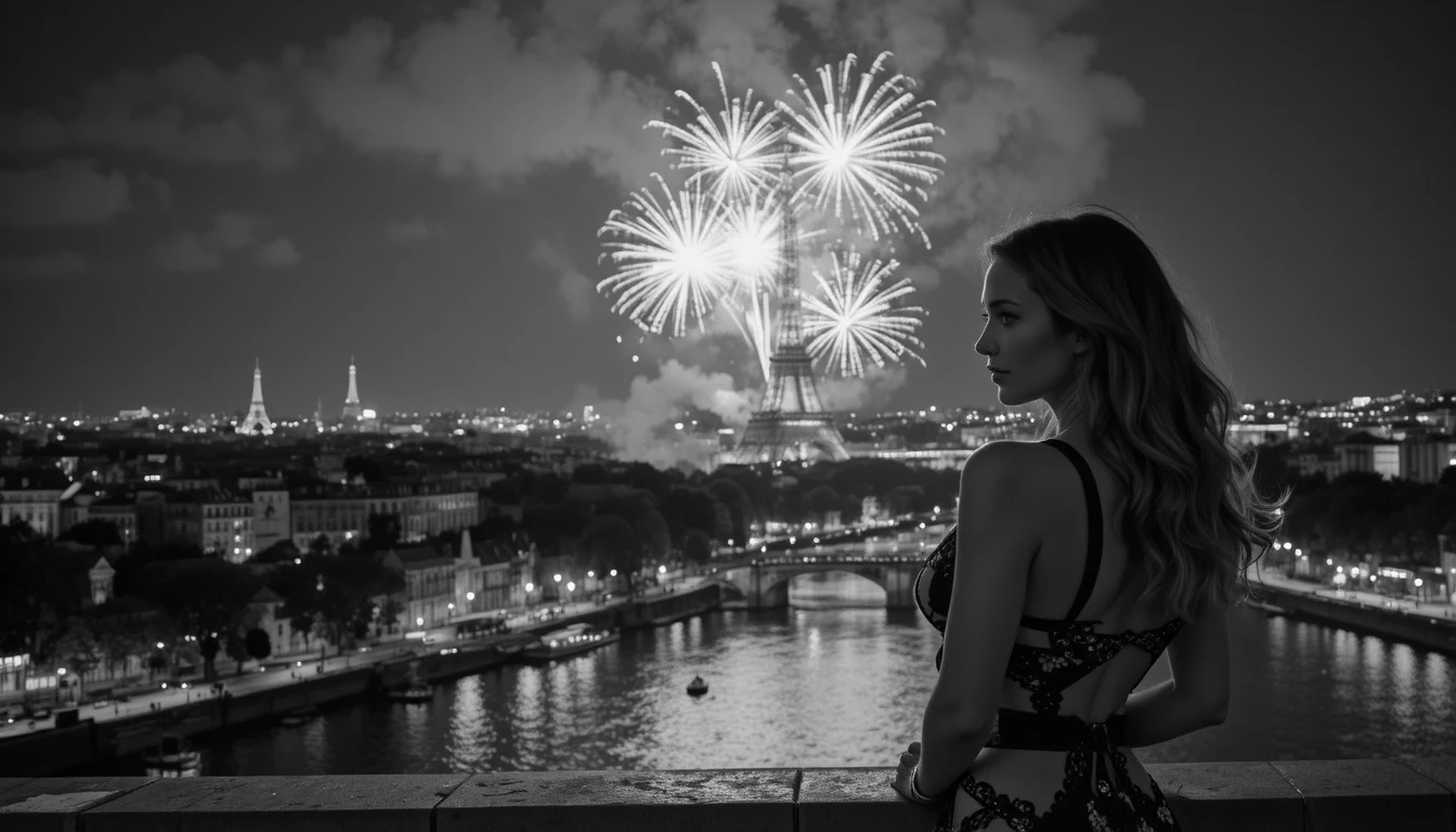 Close up of a sensual woman watching city fireworks