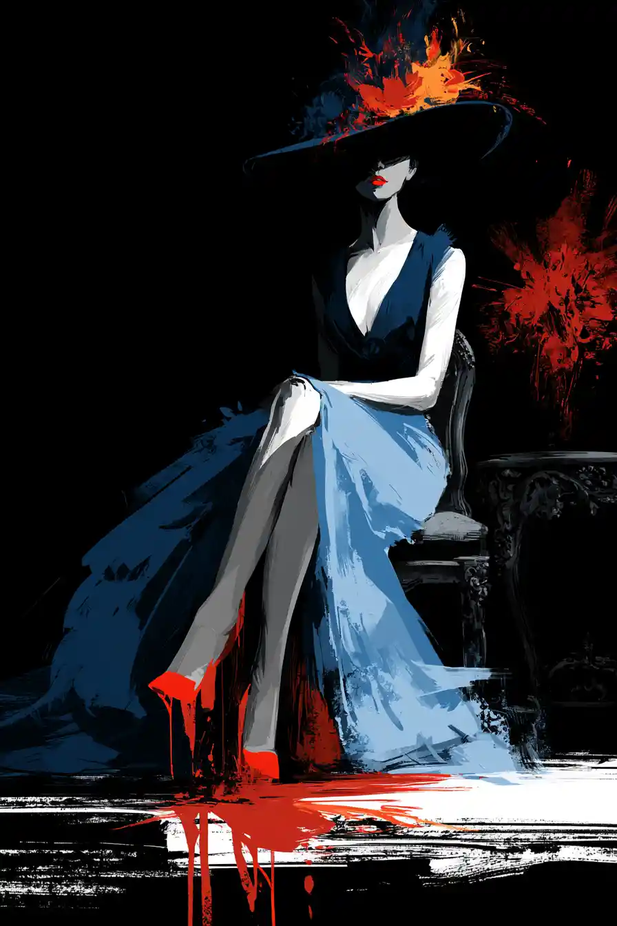 Elegant woman in blue gown on ornate chair in shadow