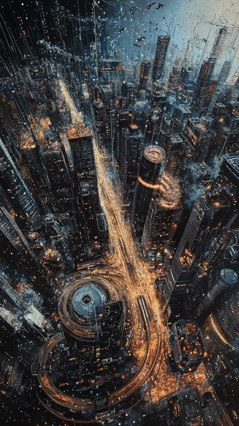 Surreal city skyline merging into a flowing orchestra