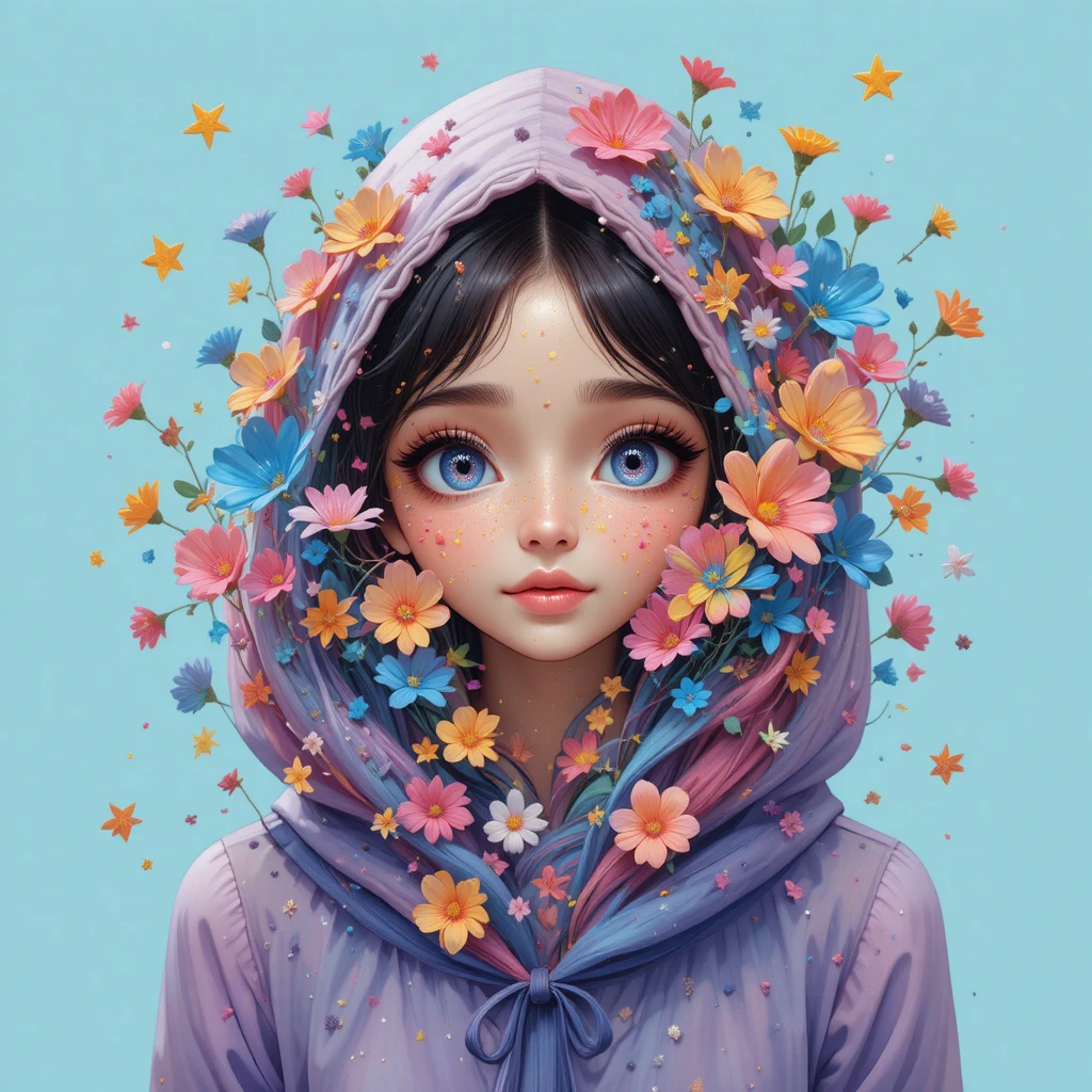 Joyful rainbow haired girl in playful digital illustration