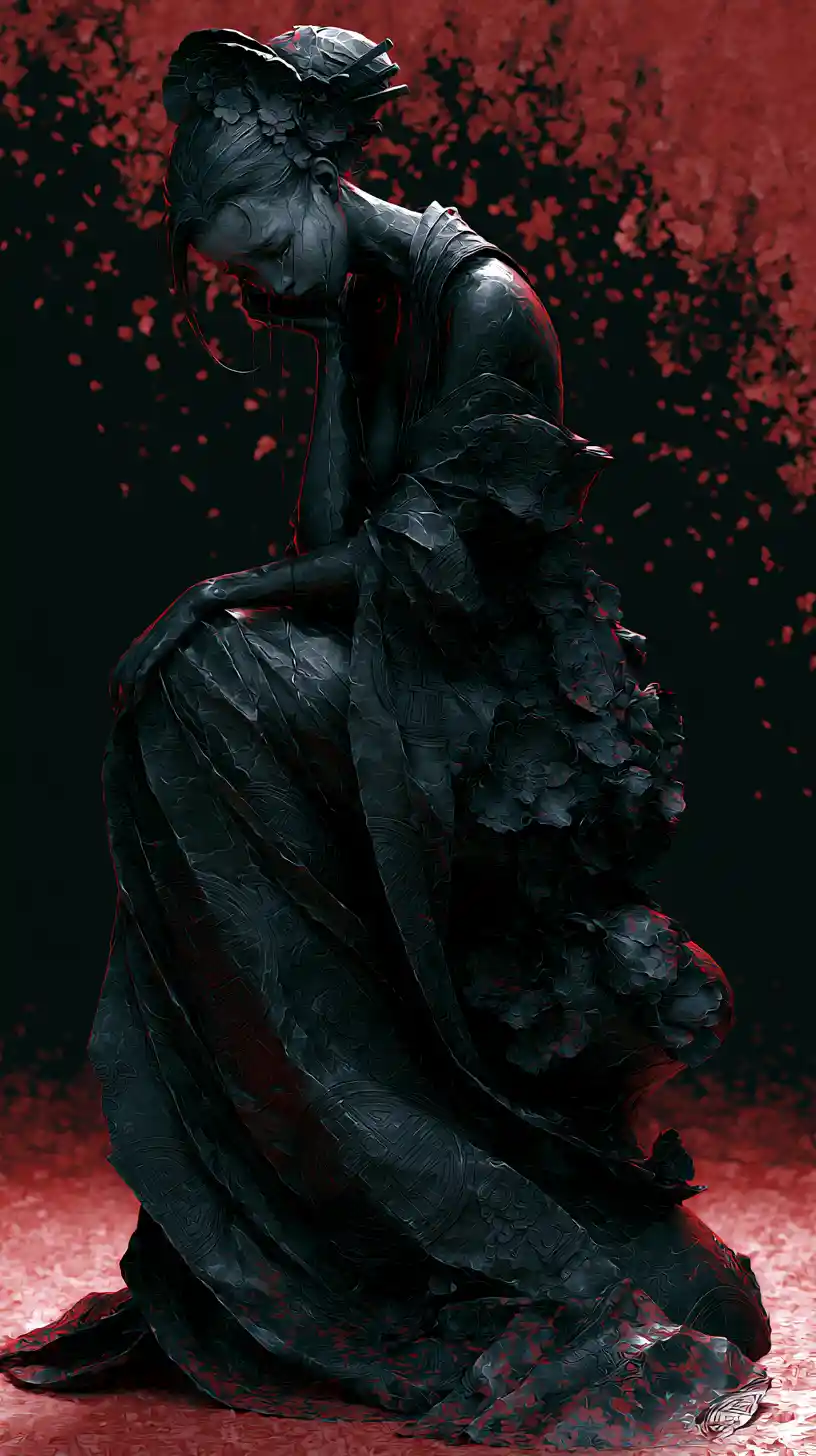 Sorrowful woman sculpture against black and crimson blossoms