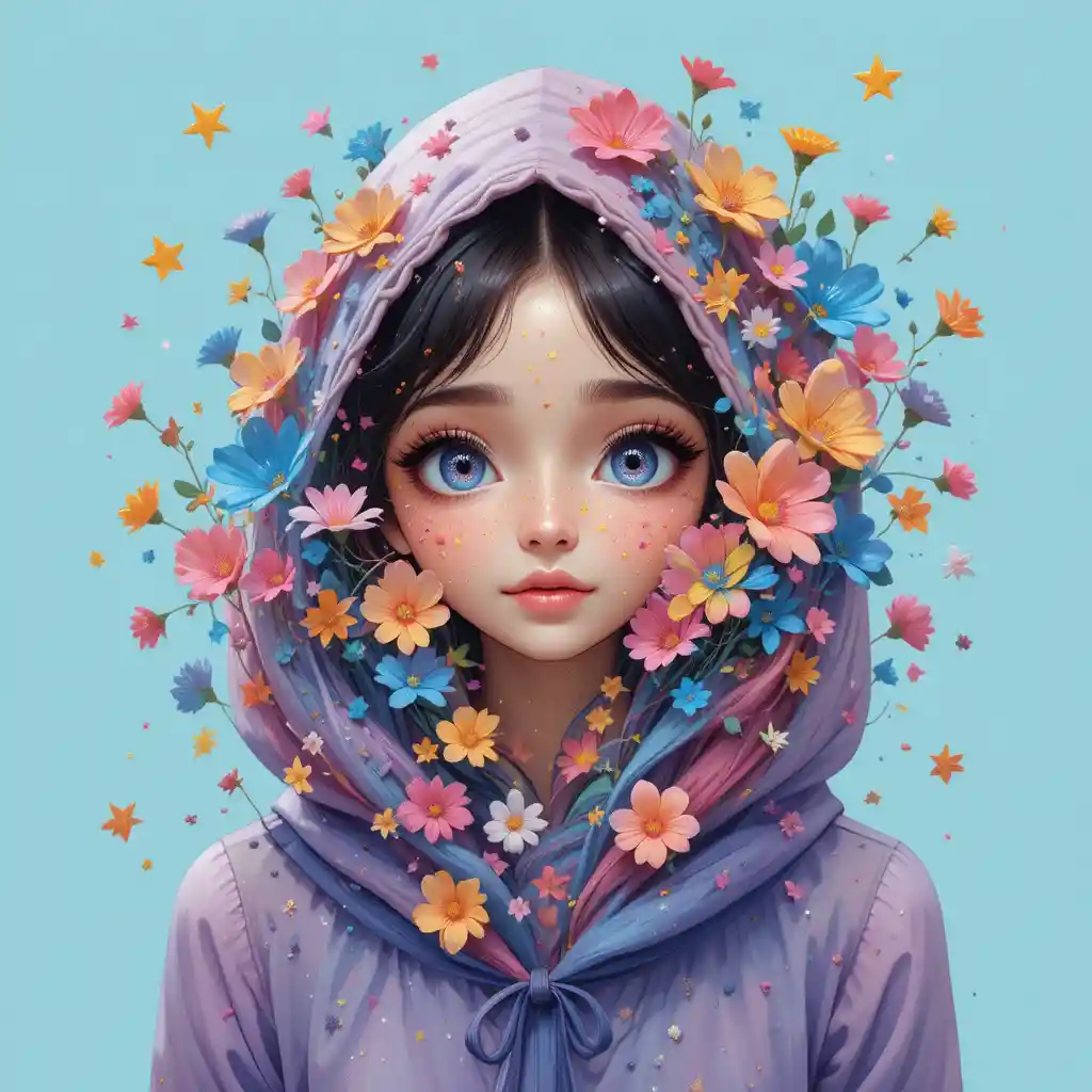 Joyful rainbow haired girl in playful digital illustration