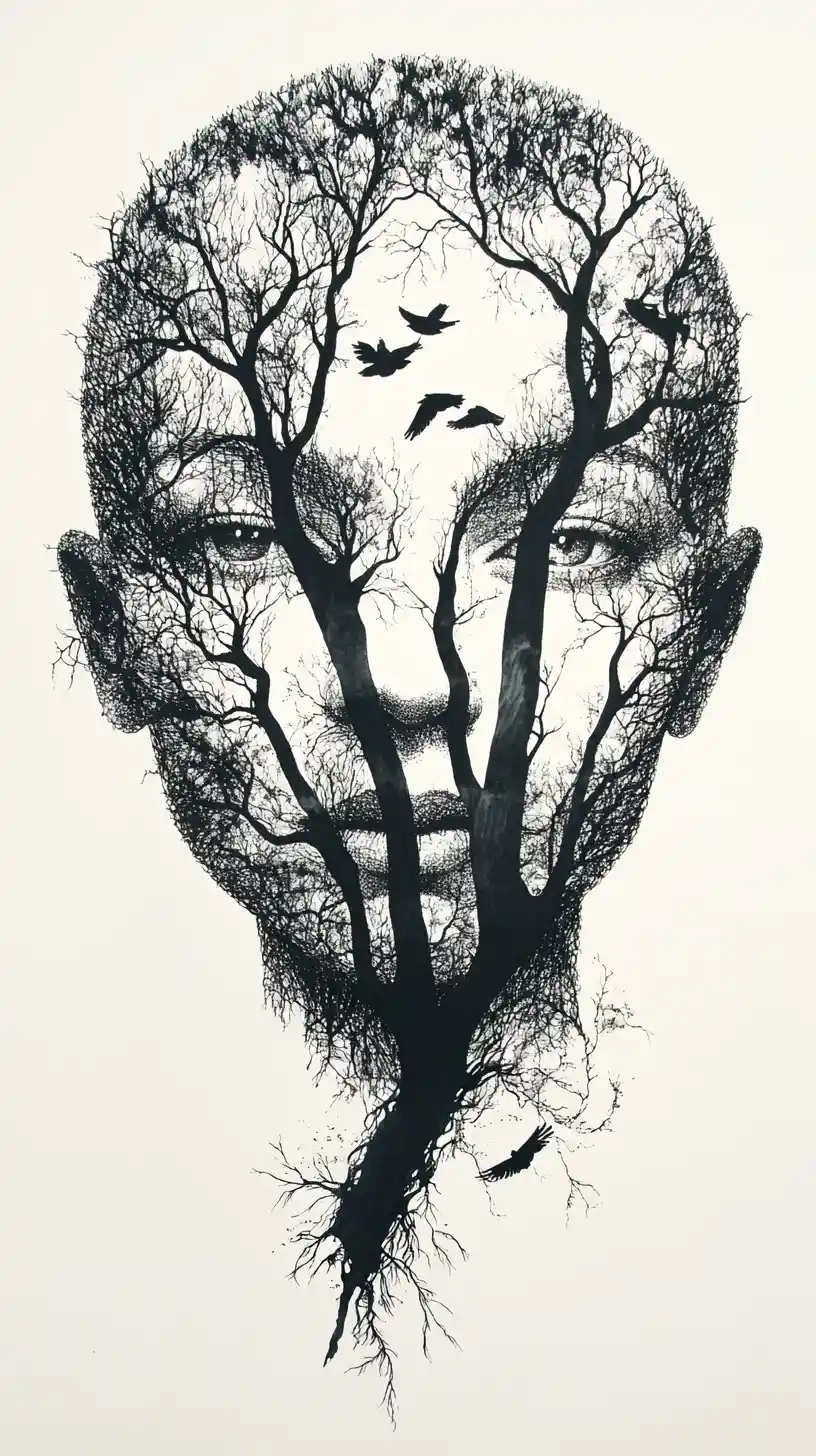 Human silhouette built from branching trees and birds