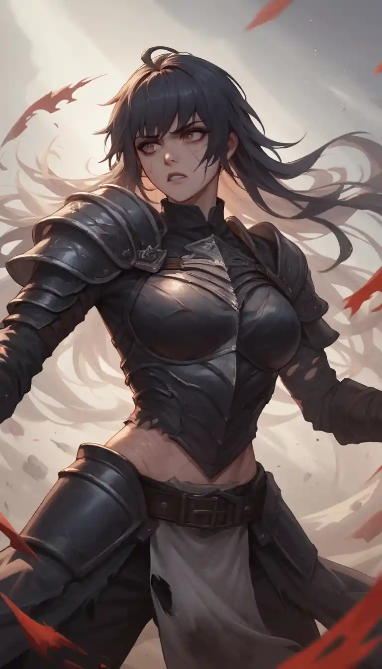 Scarred warrior woman in torn black armor in palace