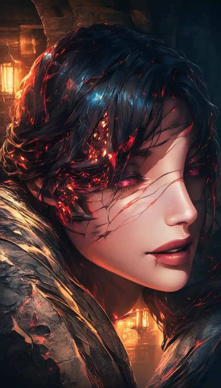 Scarred warrior woman in a torn black armor close up
