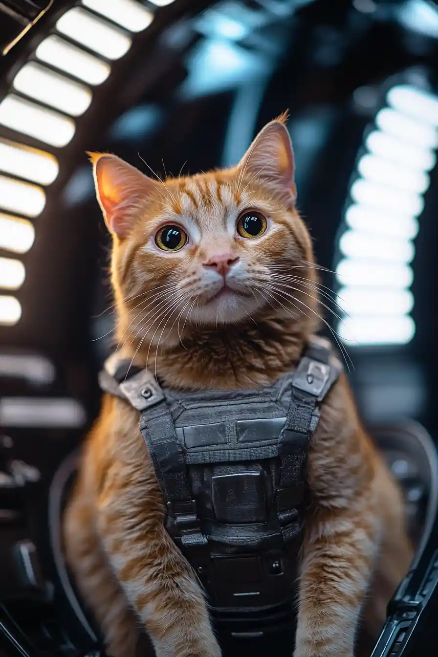 Orange tabby cat drifting weightless inside a spaceship