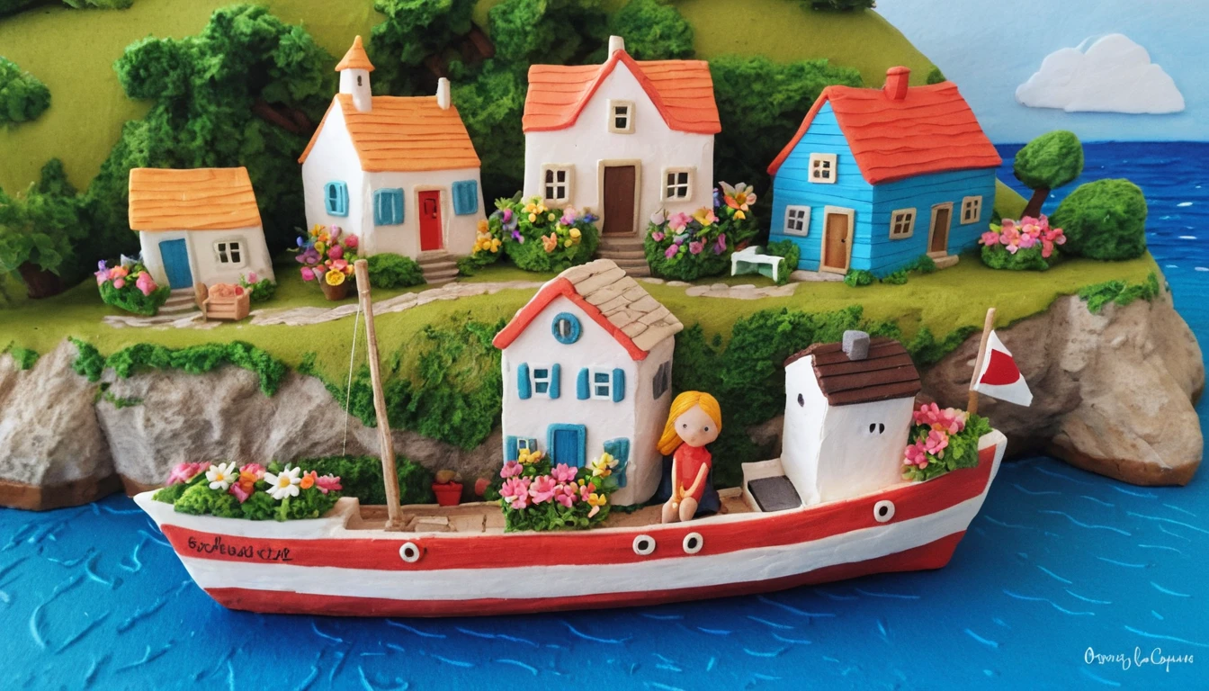 Whimsical summer coastal village with flowers by the ocean