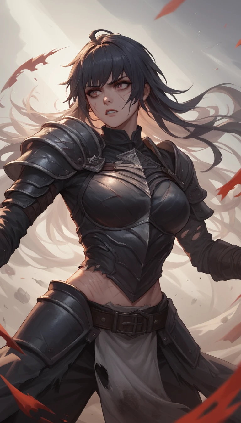 Scarred warrior woman in torn black armor in palace