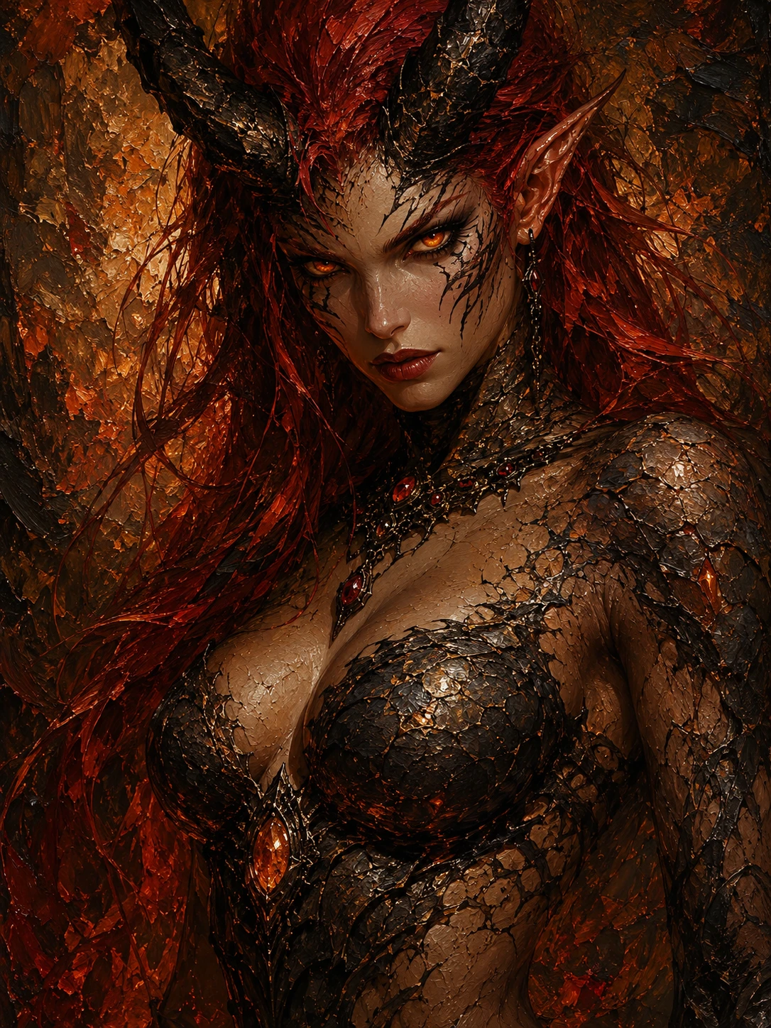 Demonic Female Warrior Portrait With Fiery Eyes And Horns