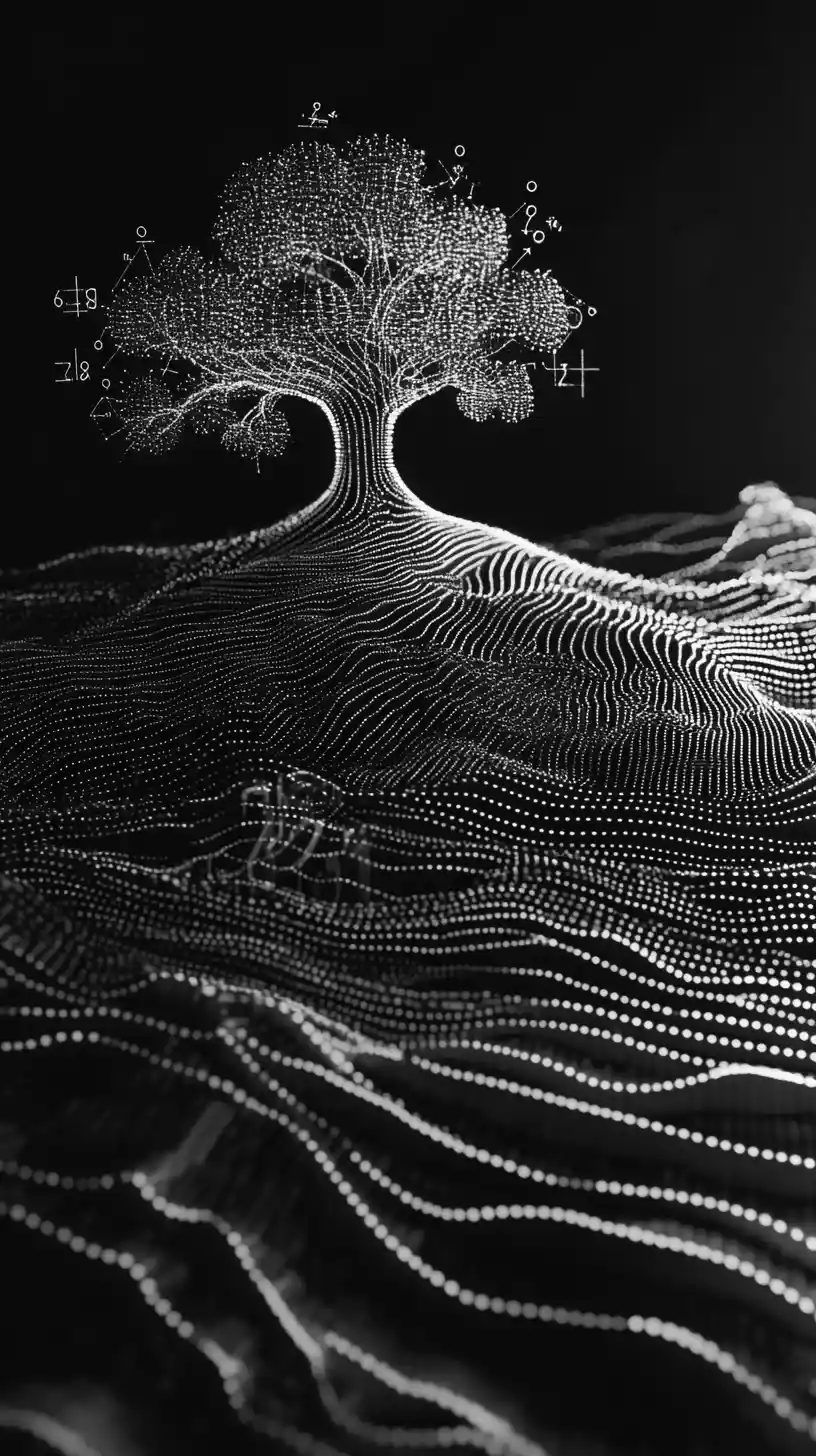 Endless Data Grids Flowing Into An Ancient Forest Scene