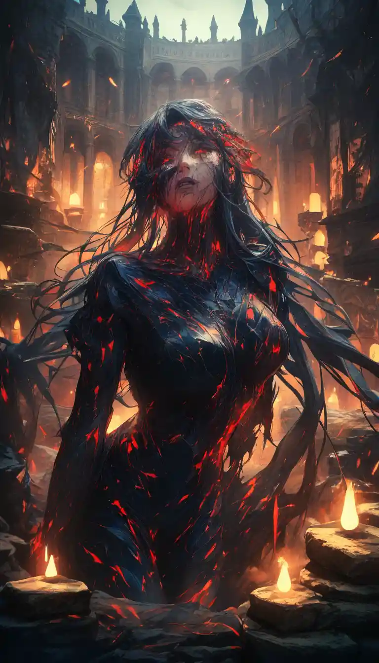 Scarred warrior woman in torn armor inside medieval castle