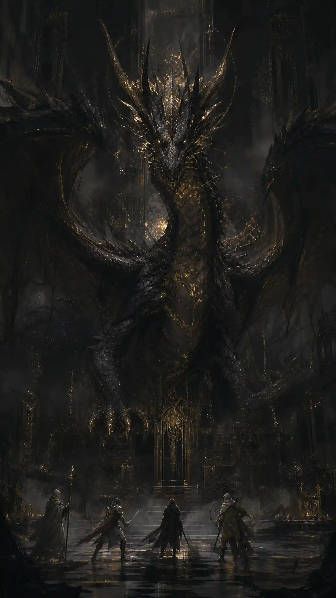 Black and gold dragon towering above wary adventurers