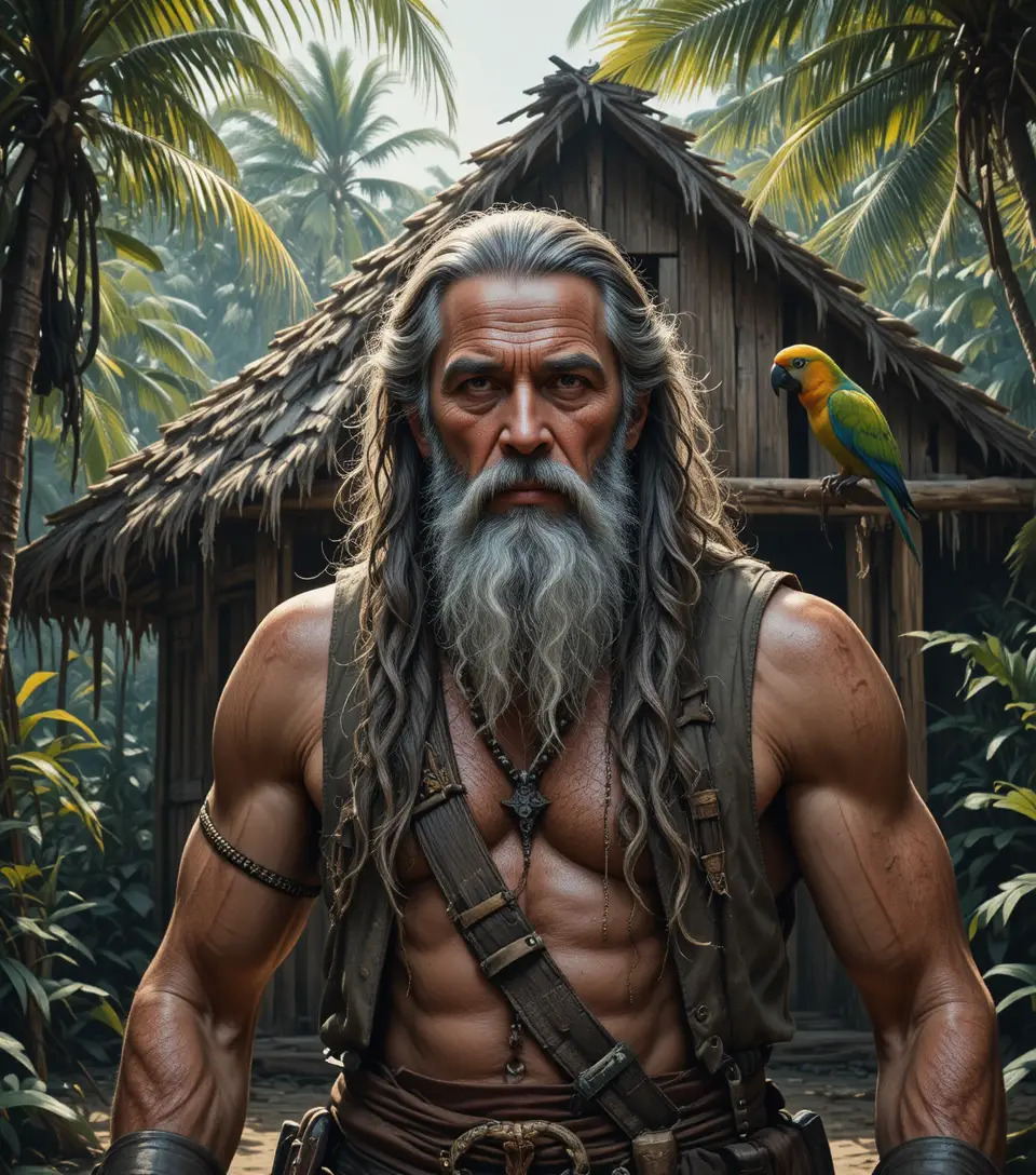 Old pirate before hut in sunlit tropical grove
