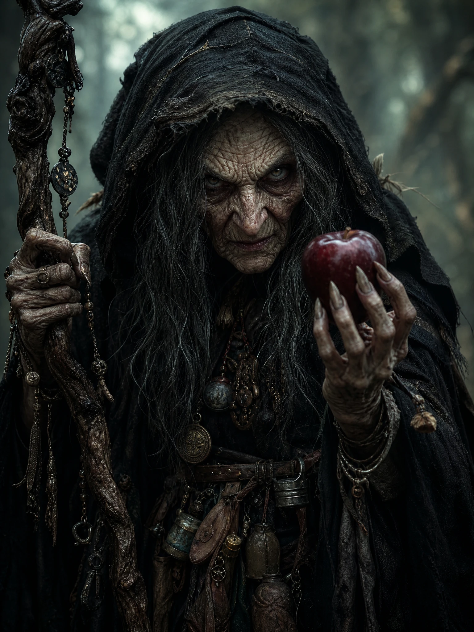 Ancient witch with poisoned apple in a dark misty forest