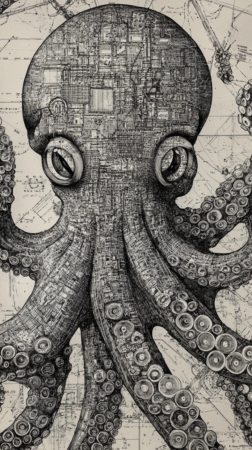 Octopus Tentacles Transforming Into Technical Diagrams And Designs