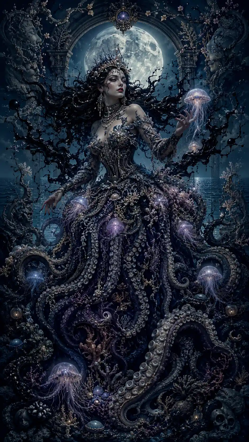 Immortal ocean sorceress in an ink and coral gown