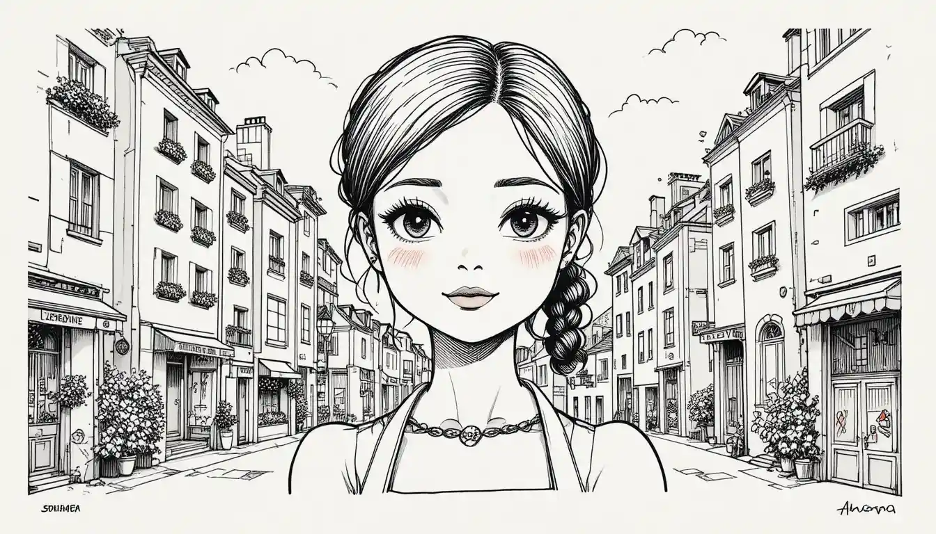 Kawaii ink portrait of a cleaning woman in the city