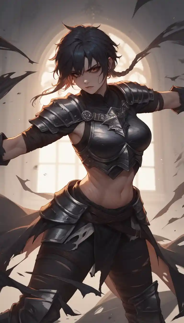 Scarred warrior woman posing in a dim palace interior